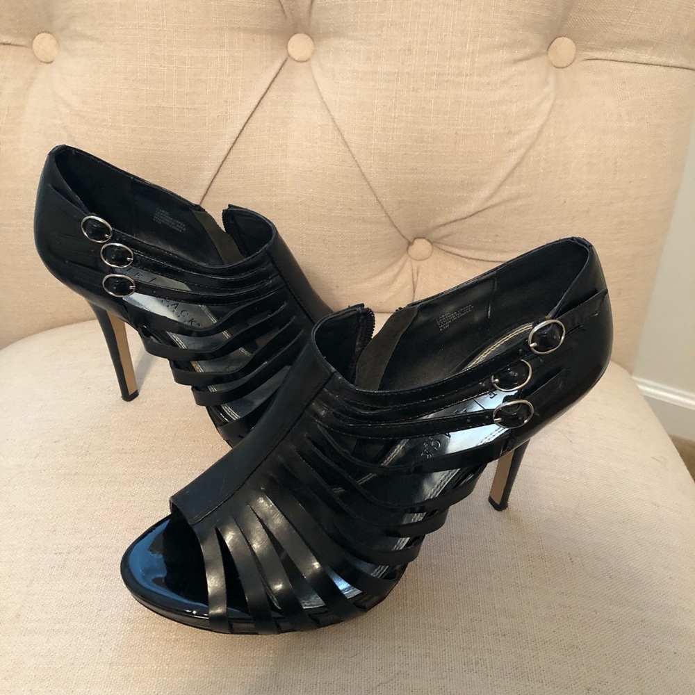 WHBM Black, bootie style heel with peep toe, 9.5